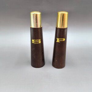 Vintage MCM Wood with Gold Lids Tapered Salt and Pepper Shakers S&P